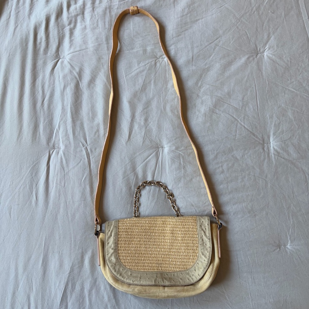 Vintage Missoni Beige Straw and Leather Crossbody Bag Purse with Chain Handle